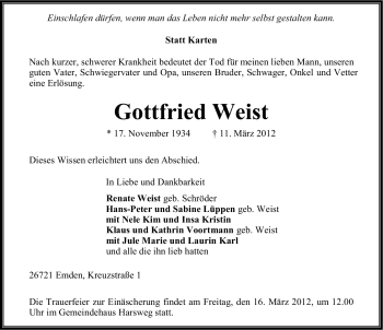 Traueranzeige von Gottfried Weist von Emder Zeitung