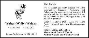 Traueranzeige von Walter Walczik von Emder Zeitung