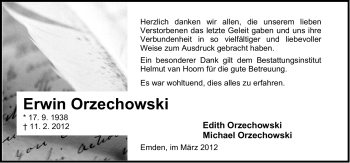 Traueranzeige von Erwin Orzechowski von Emder Zeitung