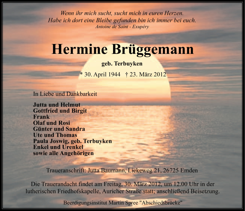  Traueranzeige für Hermine Brüggemann vom 27.03.2012 aus Emder Zeitung