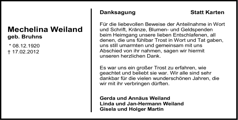  Traueranzeige für Mechelina Johanna Weiland vom 31.03.2012 aus Emder Zeitung