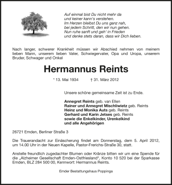 Traueranzeige von Hermannus Reints von Emder Zeitung