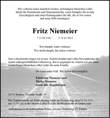 Traueranzeige von Fritz Niemeier von Emder Zeitung