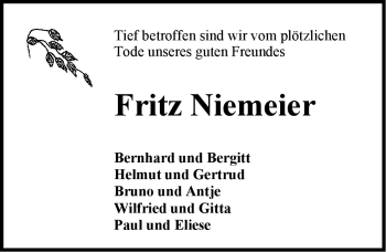 Traueranzeige von Fritz Niemeier von Emder Zeitung
