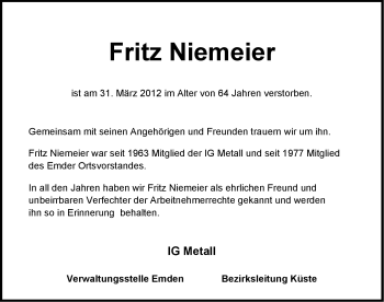 Traueranzeige von Fritz Niemeier von Emder Zeitung