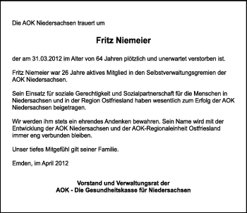 Traueranzeige von Fritz Niemeier von Emder Zeitung