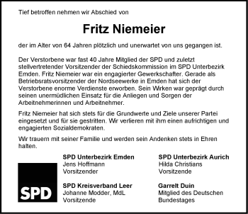 Traueranzeige von Fritz Niemeier von Emder Zeitung