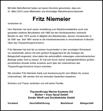 Traueranzeige von Fritz Niemeier von Emder Zeitung