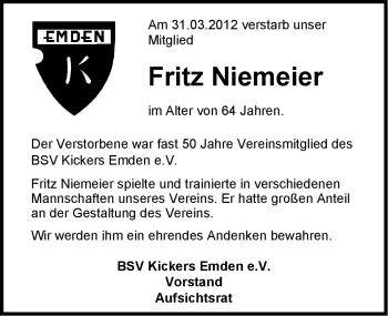 Traueranzeige von Fritz Niemeier von Emder Zeitung