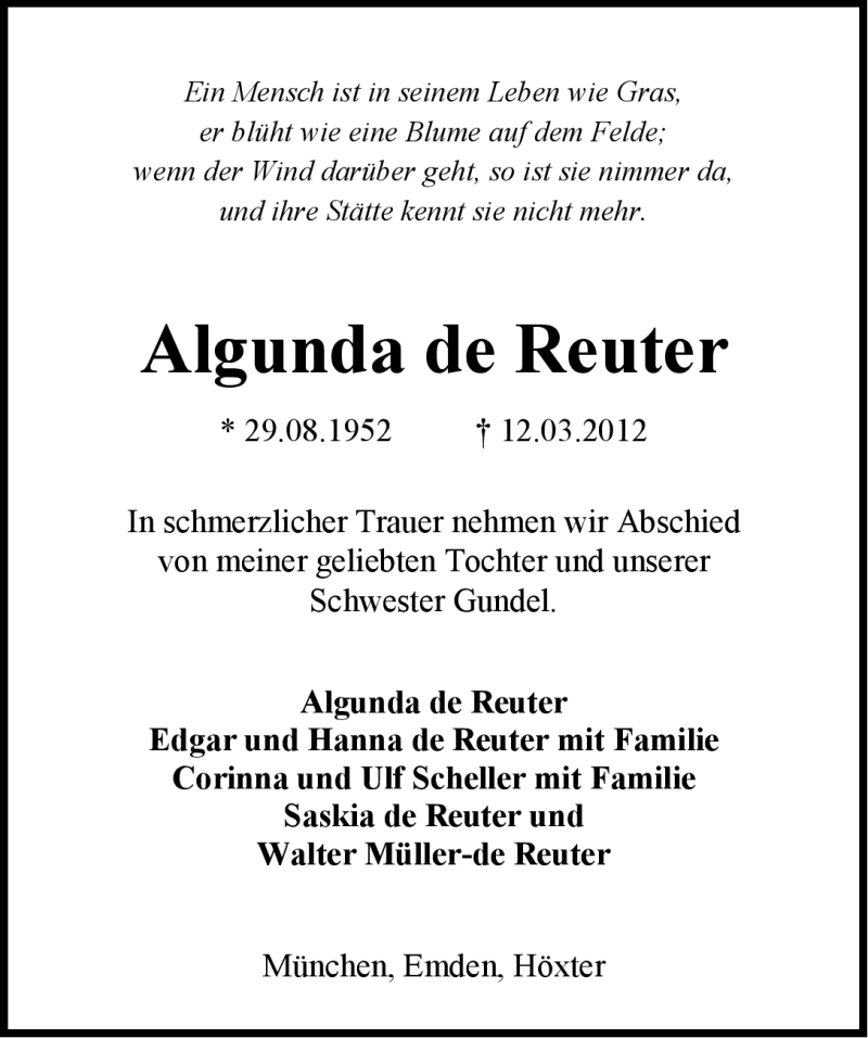  Traueranzeige für Algunda de Reuter vom 20.04.2012 aus Emder Zeitung