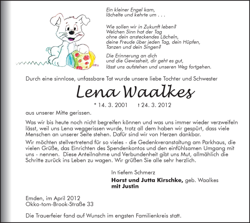  Traueranzeige für Lena Waalkes vom 21.04.2012 aus Emder Zeitung