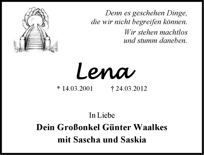  Traueranzeige für Lena Waalkes vom 24.04.2012 aus Emder Zeitung