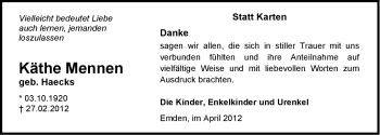 Traueranzeige von Käthe Mennen von Emder Zeitung