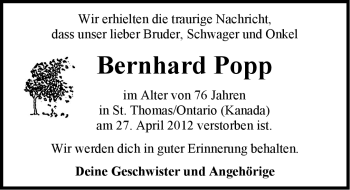 Traueranzeige von Bernhard Popp von Emder Zeitung