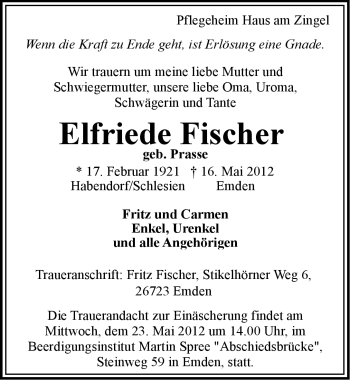 Traueranzeige von Elfriede Fischer von Emder Zeitung