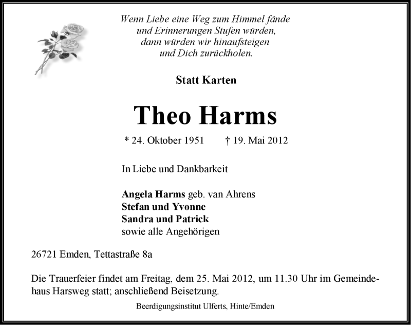  Traueranzeige für Theo Harms vom 21.05.2012 aus Emder Zeitung
