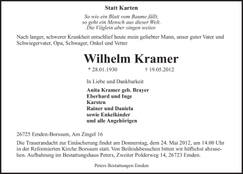 Traueranzeige von Wilhelm Kramer von Emder Zeitung