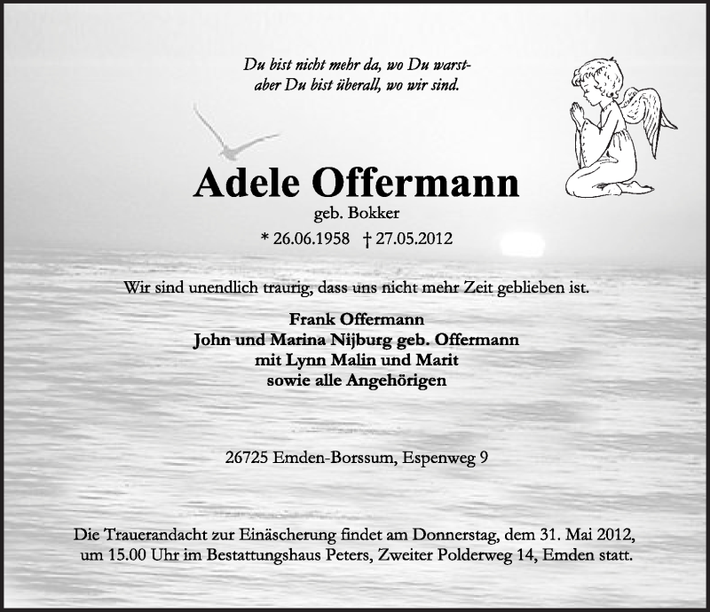  Traueranzeige für Adele Offermann vom 30.05.2012 aus Emder Zeitung