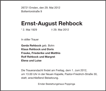 Traueranzeige von Ernst-August Rehbock von Emder Zeitung