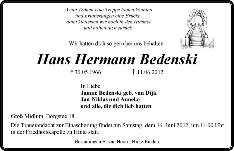  Traueranzeige für Hans Hermann Bedenski vom 13.06.2012 aus Emder Zeitung
