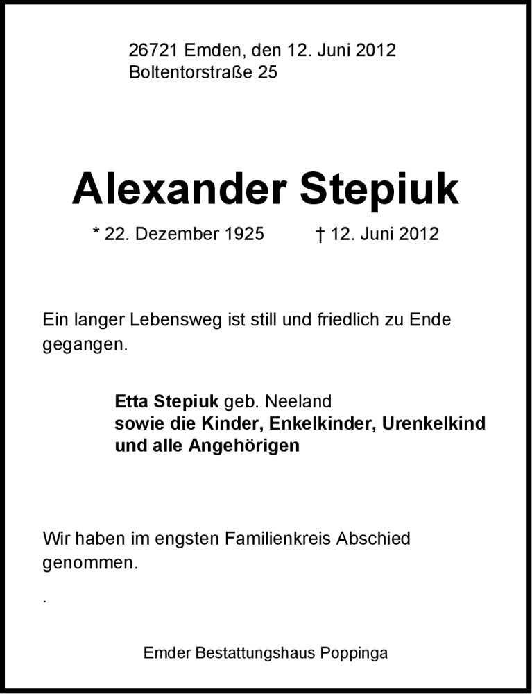  Traueranzeige für Alexander Stepiuk vom 16.06.2012 aus Emder Zeitung
