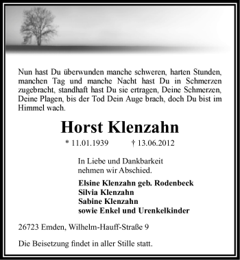 Traueranzeige von Horst Klenzahn von Emder Zeitung