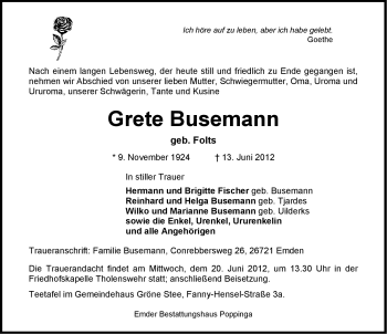 Traueranzeige von Grete Busemann von Emder Zeitung