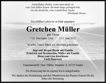 Traueranzeige von Gretchen Müller von Emder Zeitung