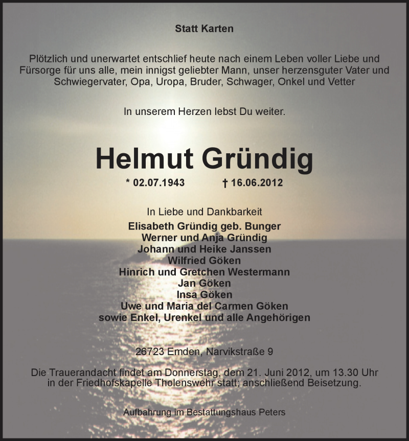  Traueranzeige für Helmut Gründig vom 19.06.2012 aus Emder Zeitung