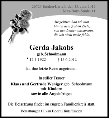 Traueranzeige von Gerda Jakobs von Emder Zeitung