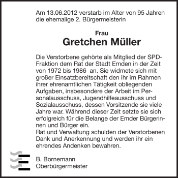Traueranzeige von Gretchen Müller von Emder Zeitung