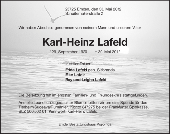 Traueranzeige von Karl-Heinz Lafeld von Emder Zeitung
