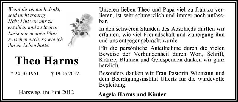  Traueranzeige für Theo Harms vom 30.06.2012 aus Emder Zeitung