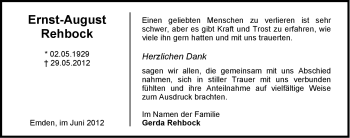 Traueranzeige von Ernst-August Rehbock von Emder Zeitung