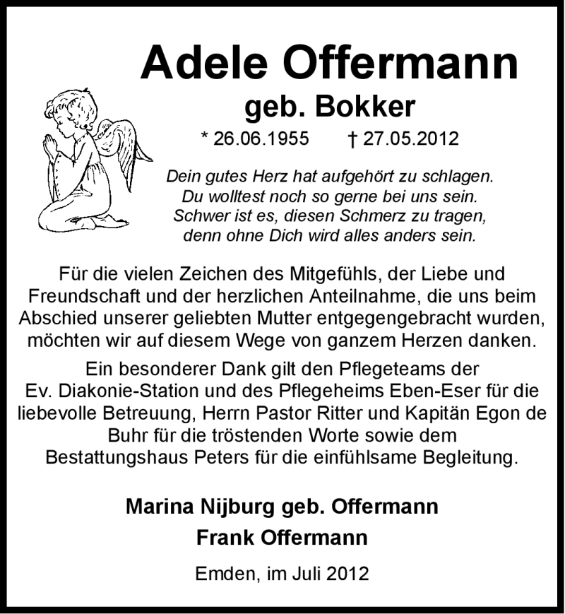  Traueranzeige für Adele Offermann vom 07.07.2012 aus Emder Zeitung