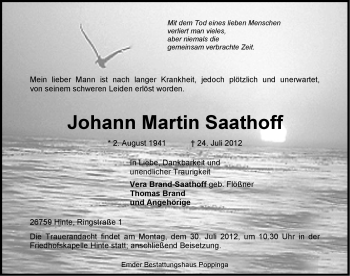 Traueranzeige von Johann Martin Saathoff von Emder Zeitung