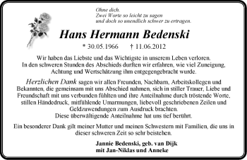 Traueranzeige von Hans Hermann Bedenski von Emder Zeitung