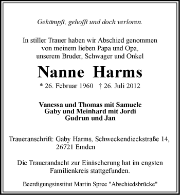 Traueranzeige von Nanne Harms von Emder Zeitung