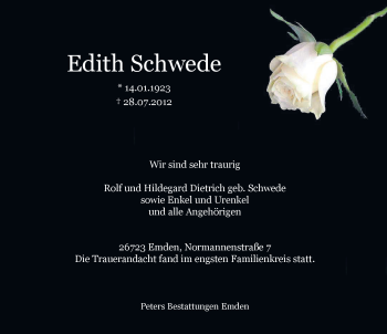 Traueranzeige von Edith Schwede von Emder Zeitung