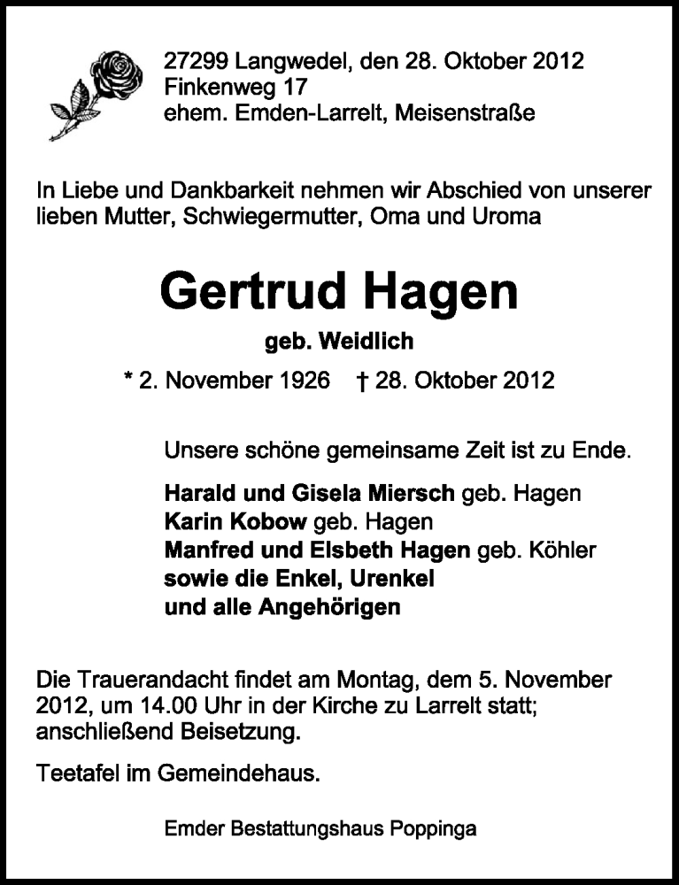  Traueranzeige für Gertrud Hagen vom 01.11.2012 aus Emder Zeitung