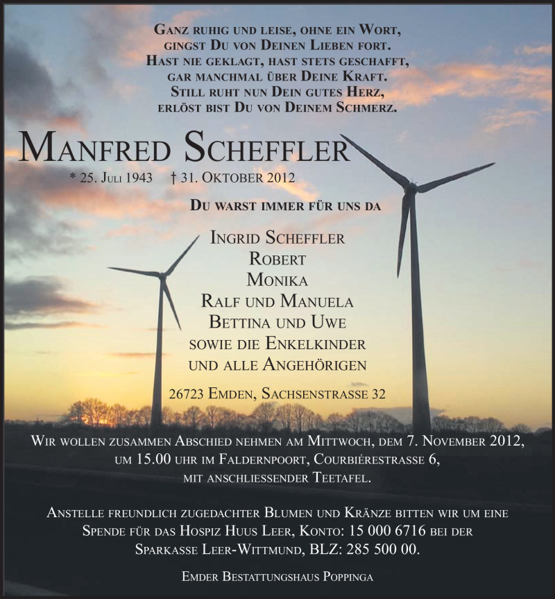  Traueranzeige für Manfred Scheffler vom 03.11.2012 aus Emder Zeitung
