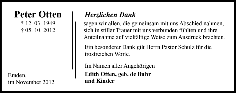  Traueranzeige für Peter Otten vom 03.11.2012 aus Emder Zeitung