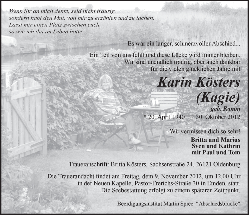  Traueranzeige für Karin  Kösters vom 03.11.2012 aus Emder Zeitung