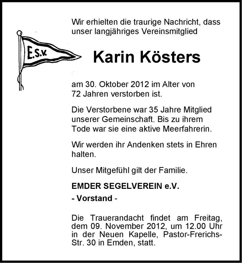  Traueranzeige für Karin  Kösters vom 06.11.2012 aus Emder Zeitung
