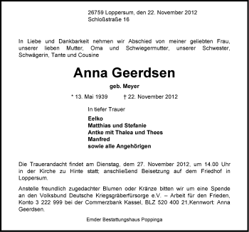 Traueranzeige von Anna Geerdsen von Emder Zeitung