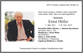 Traueranzeige von Ernst Höfer von Emder Zeitung