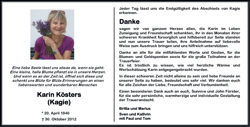  Traueranzeige für Karin  Kösters vom 01.12.2012 aus Emder Zeitung