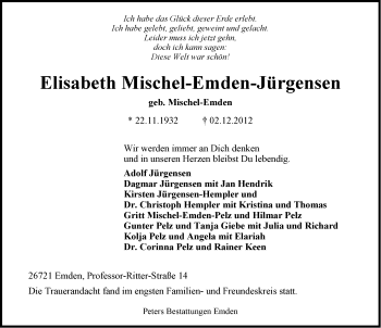 Traueranzeige von Elisabeth Mischel-Emden-JÃ¼rgensen von Emder Zeitung