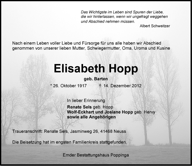  Traueranzeige für Elisabeth Hopp vom 22.12.2012 aus Emder Zeitung