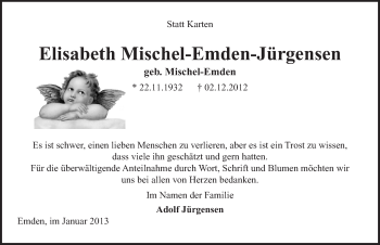 Traueranzeige von Elisabeth Mischel-Emden-JÃ¼rgensen von Emder Zeitung